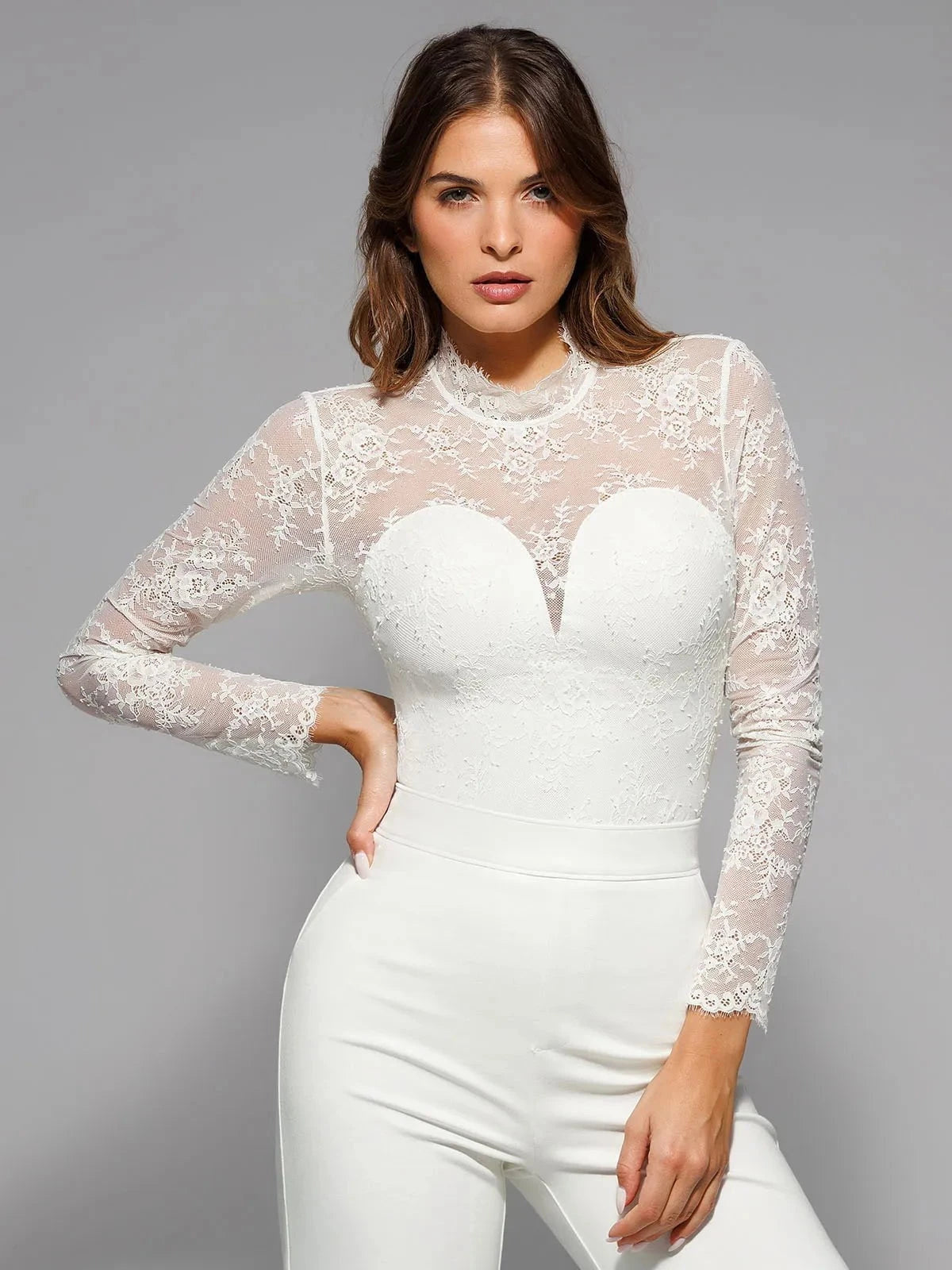 Popilush Shapewear Mock Neck Long Sleeve Floral Lace Bodysuit SpadezStore