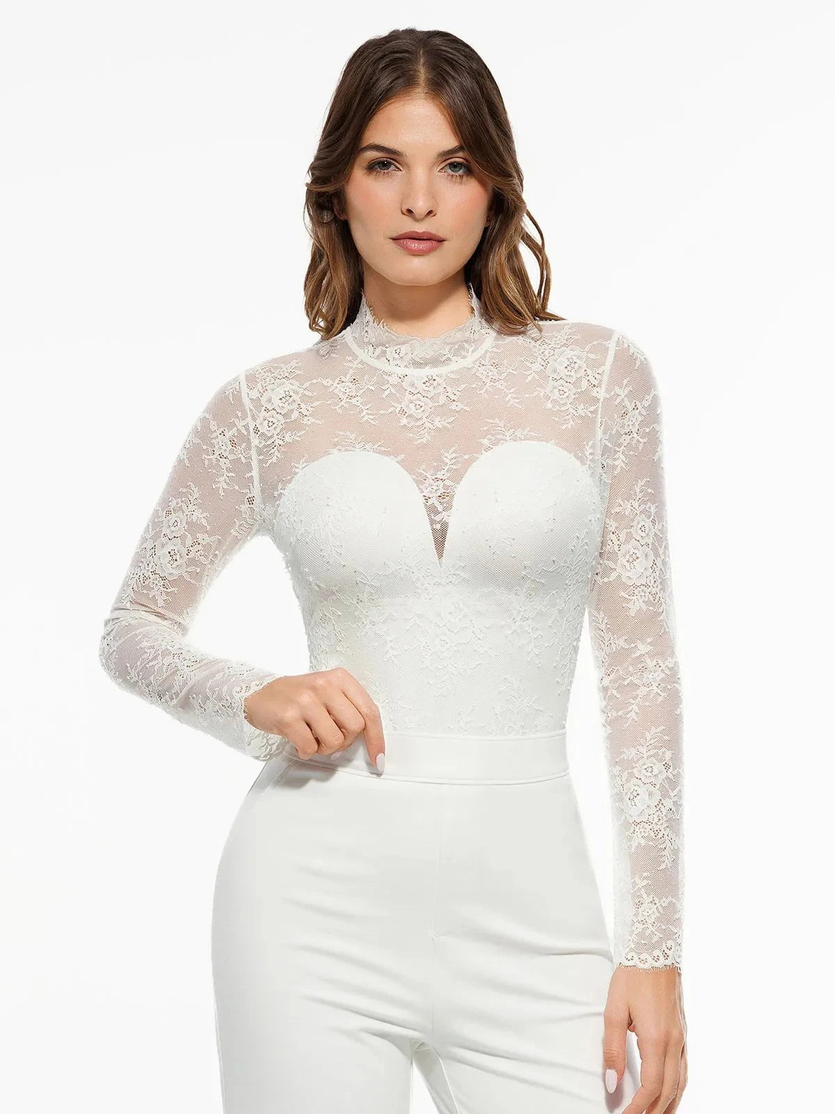 Popilush Shapewear Mock Neck Long Sleeve Floral Lace Bodysuit SpadezStore
