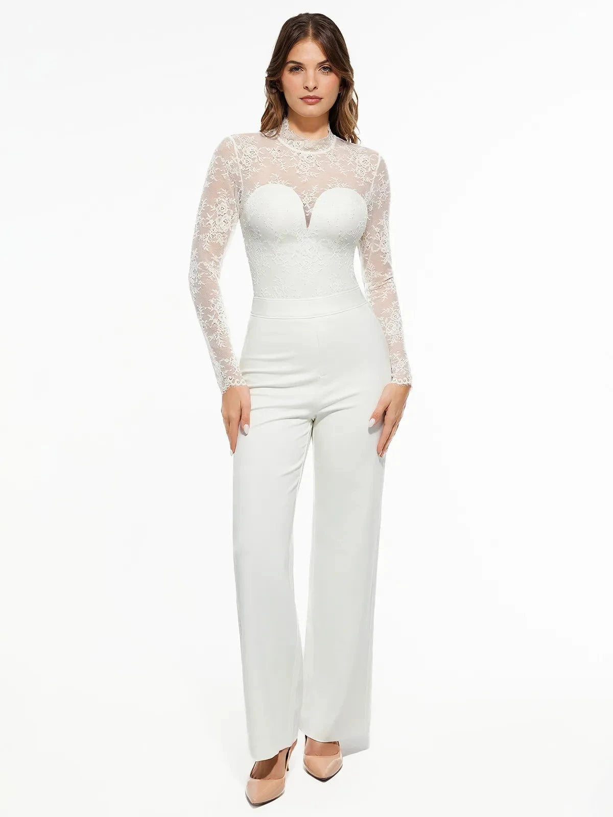 Popilush Shapewear Mock Neck Long Sleeve Floral Lace Bodysuit SpadezStore