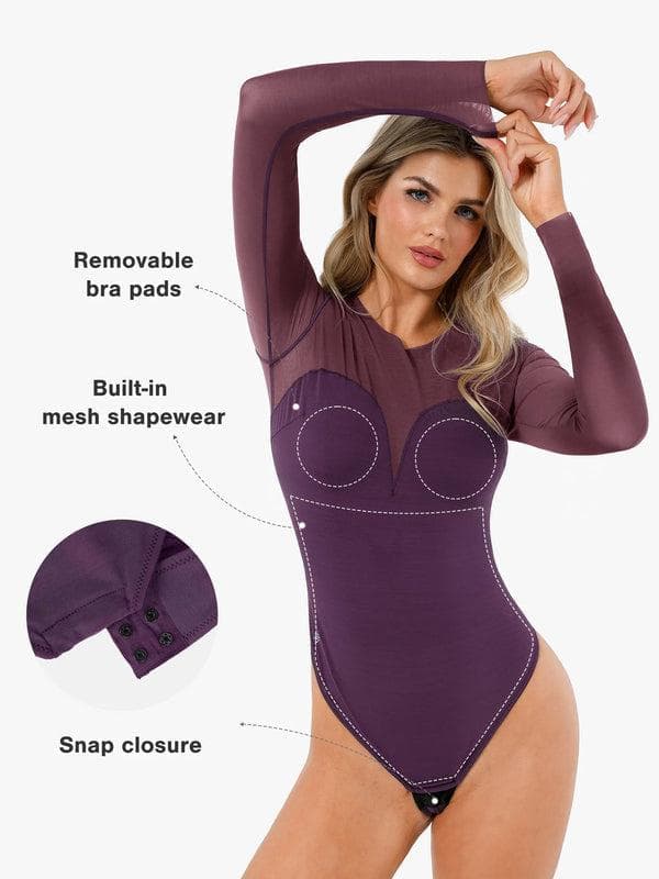 Popilush Shapewear Mock Neck Long Sleeve Floral Lace Bodysuit SpadezStore