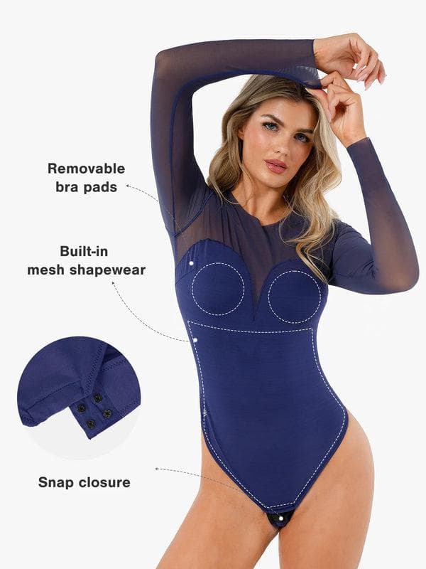 Popilush Shapewear Mock Neck Long Sleeve Floral Lace Bodysuit SpadezStore