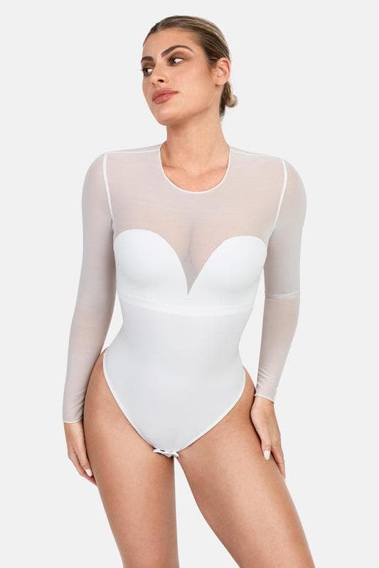 Popilush Shapewear Mock Neck Long Sleeve Floral Lace Bodysuit SpadezStore