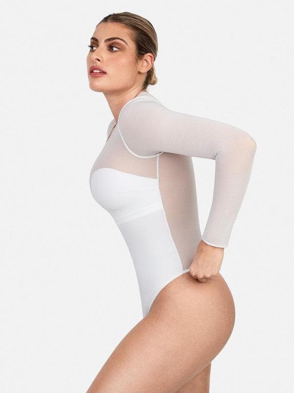 Popilush Shapewear Mock Neck Long Sleeve Floral Lace Bodysuit SpadezStore
