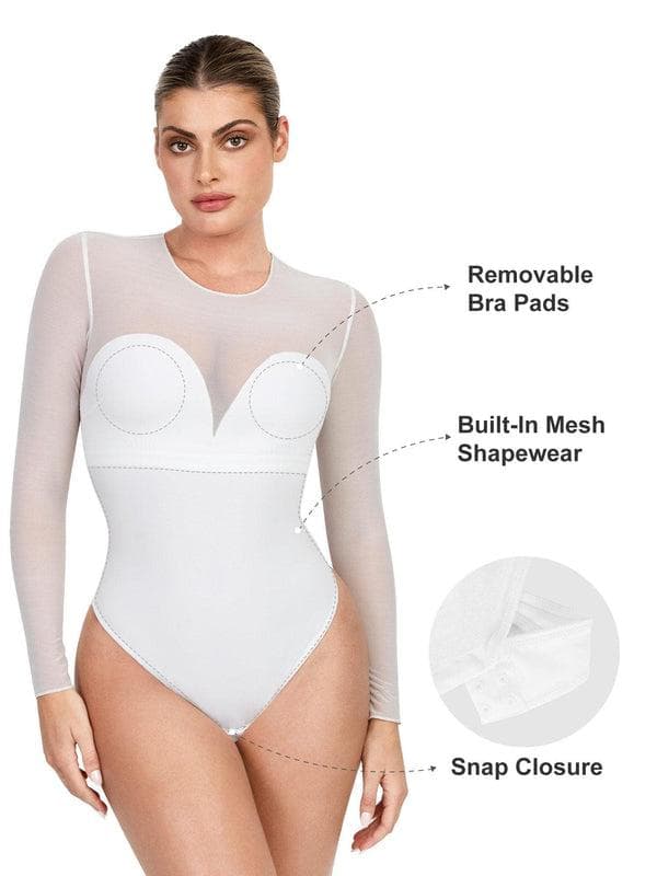 Popilush Shapewear Mock Neck Long Sleeve Floral Lace Bodysuit SpadezStore