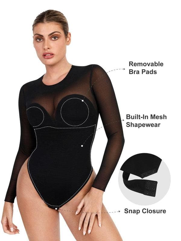 Popilush Shapewear Mock Neck Long Sleeve Floral Lace Bodysuit SpadezStore