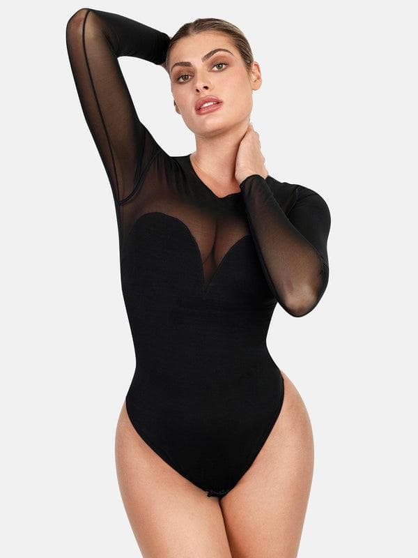 Popilush Shapewear Mock Neck Long Sleeve Floral Lace Bodysuit SpadezStore