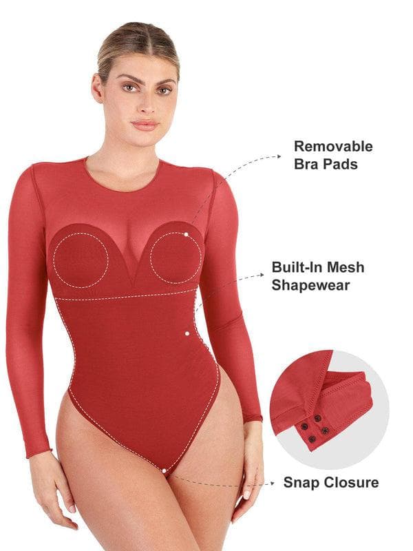 Popilush Shapewear Mock Neck Long Sleeve Floral Lace Bodysuit SpadezStore
