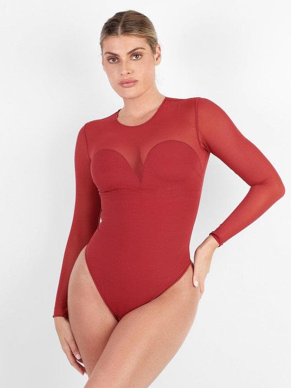 Popilush Shapewear Mock Neck Long Sleeve Floral Lace Bodysuit SpadezStore