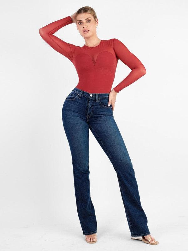 Popilush Shapewear Mock Neck Long Sleeve Floral Lace Bodysuit SpadezStore
