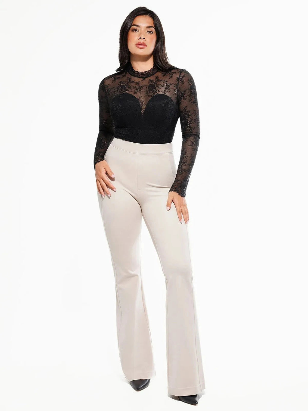 Popilush Shapewear Mock Neck Long Sleeve Floral Lace Bodysuit SpadezStore