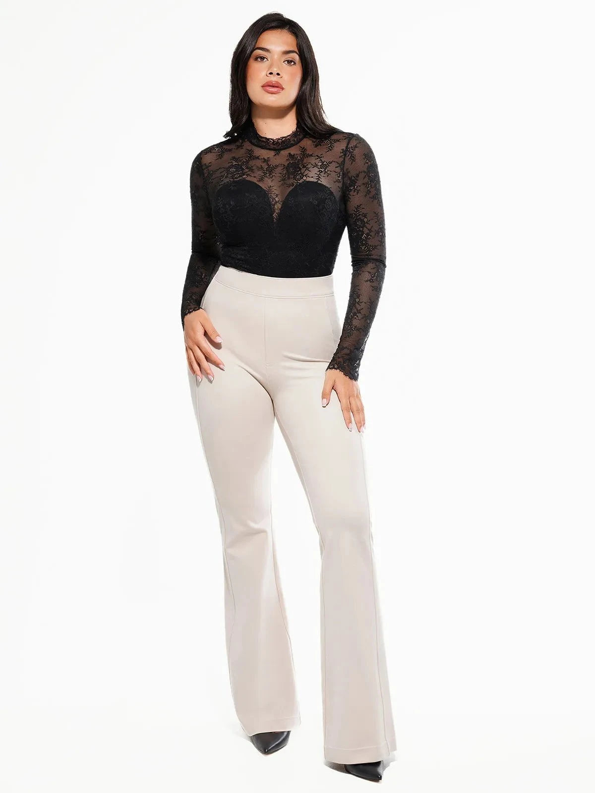 Popilush Shapewear Mock Neck Long Sleeve Floral Lace Bodysuit SpadezStore