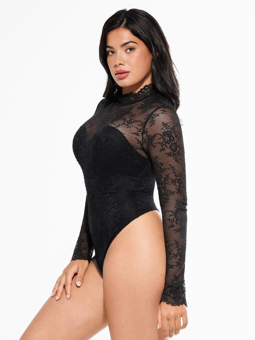 Popilush Shapewear Mock Neck Long Sleeve Floral Lace Bodysuit SpadezStore