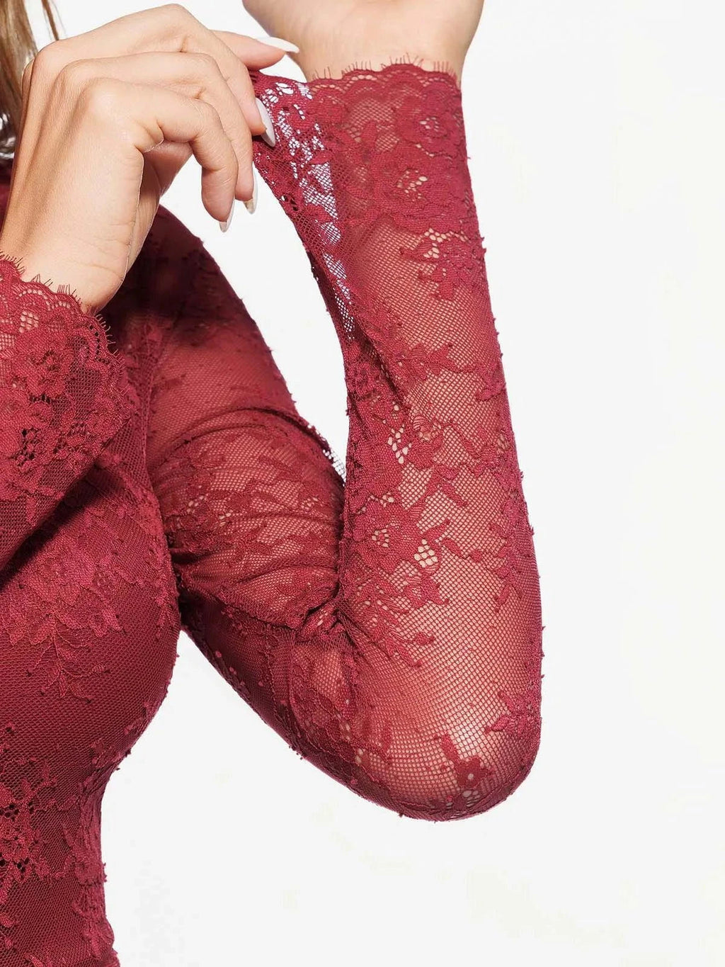 Popilush Shapewear Mock Neck Long Sleeve Floral Lace Bodysuit SpadezStore