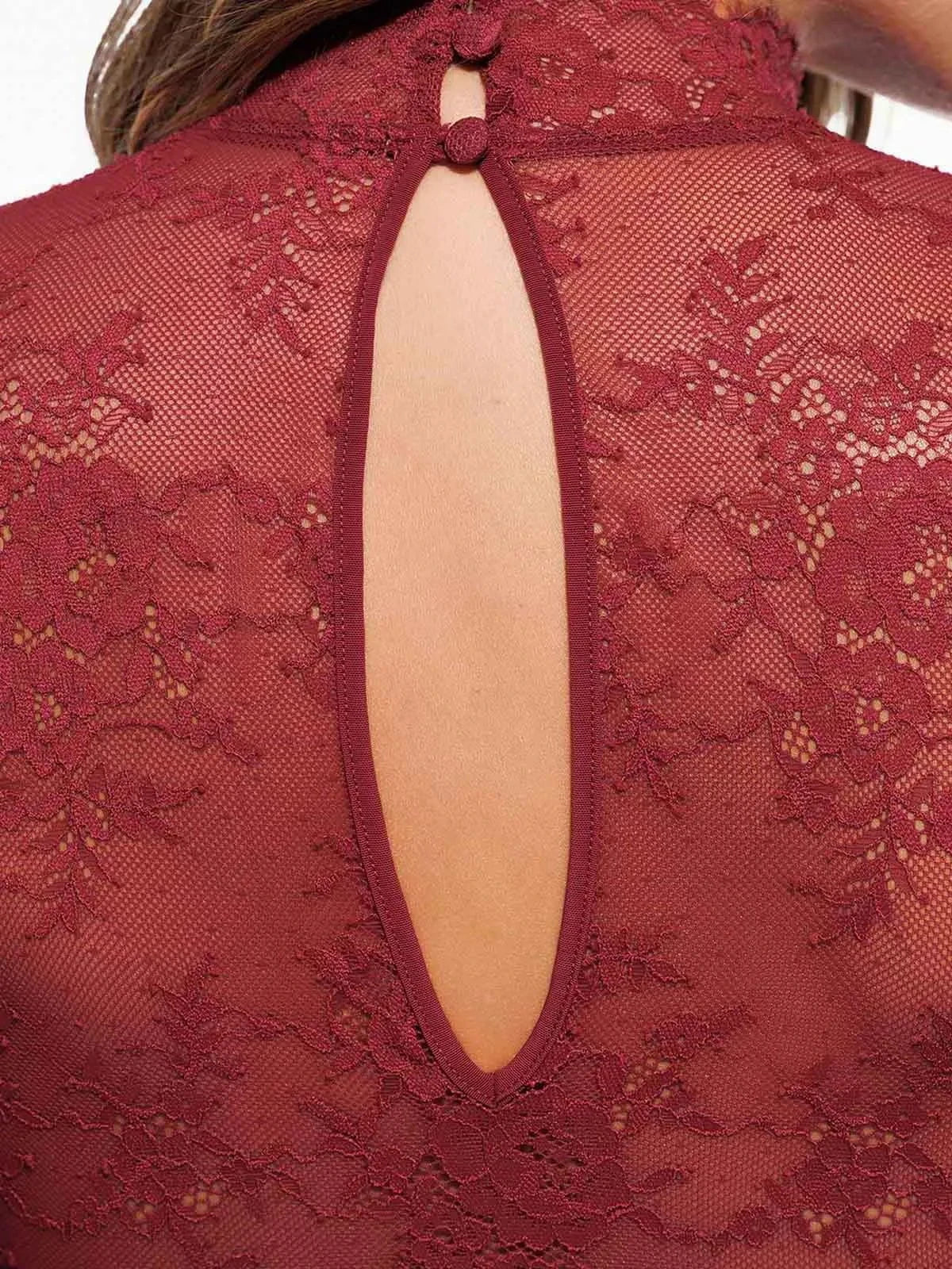 Popilush Shapewear Mock Neck Long Sleeve Floral Lace Bodysuit SpadezStore