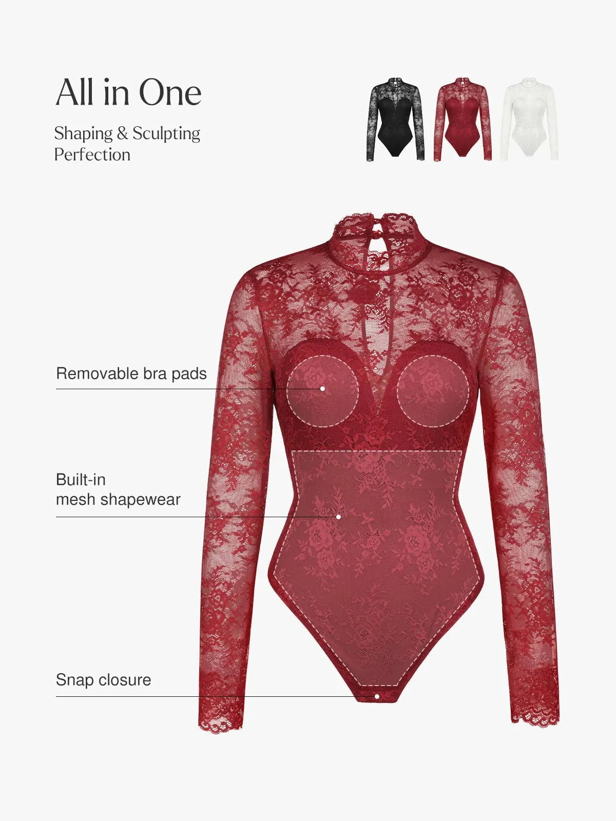 Popilush Shapewear Mock Neck Long Sleeve Floral Lace Bodysuit SpadezStore