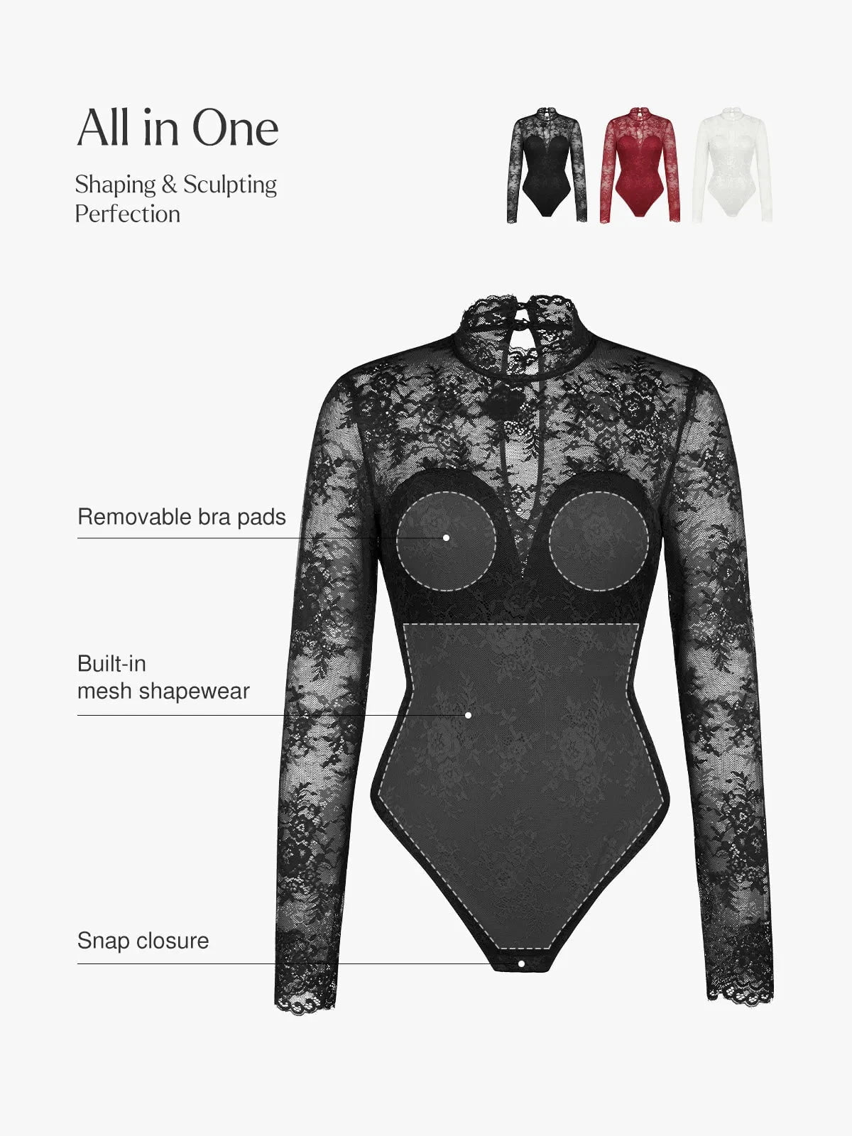 Popilush Shapewear Mock Neck Long Sleeve Floral Lace Bodysuit SpadezStore