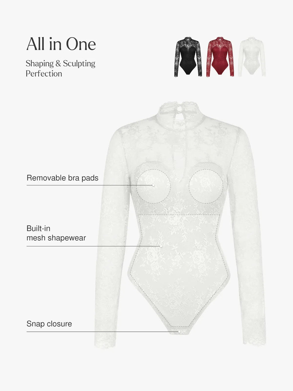 Popilush Shapewear Mock Neck Long Sleeve Floral Lace Bodysuit SpadezStore
