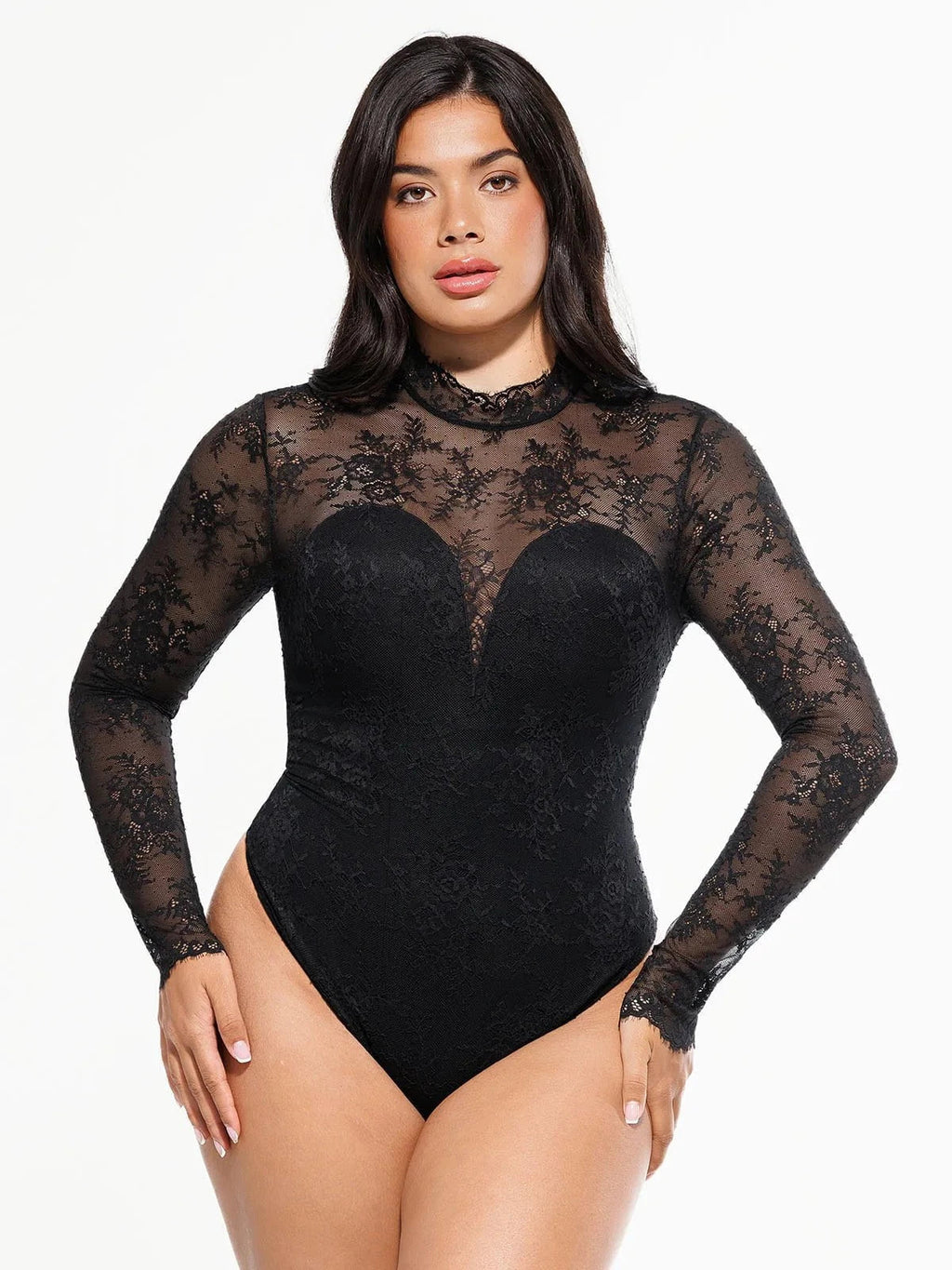 Popilush Shapewear Mock Neck Long Sleeve Floral Lace Bodysuit SpadezStore
