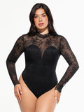 Popilush Shapewear Mock Neck Long Sleeve Floral Lace Bodysuit SpadezStore