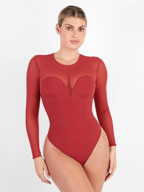 Popilush Shapewear Mock Neck Long Sleeve Floral Lace Bodysuit SpadezStore