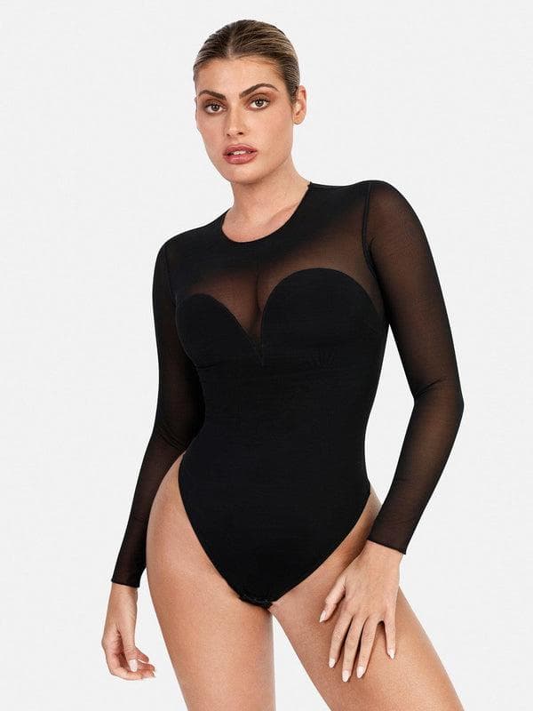 Popilush Shapewear Mock Neck Long Sleeve Floral Lace Bodysuit SpadezStore