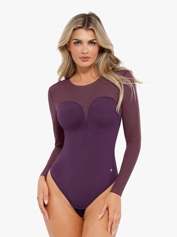 Popilush Shapewear Mock Neck Long Sleeve Floral Lace Bodysuit SpadezStore