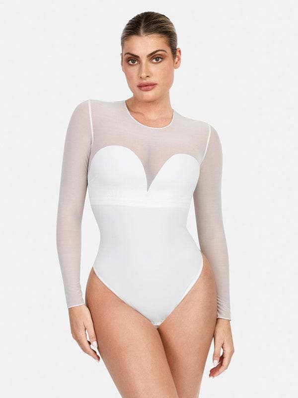 Popilush Shapewear Mock Neck Long Sleeve Floral Lace Bodysuit SpadezStore
