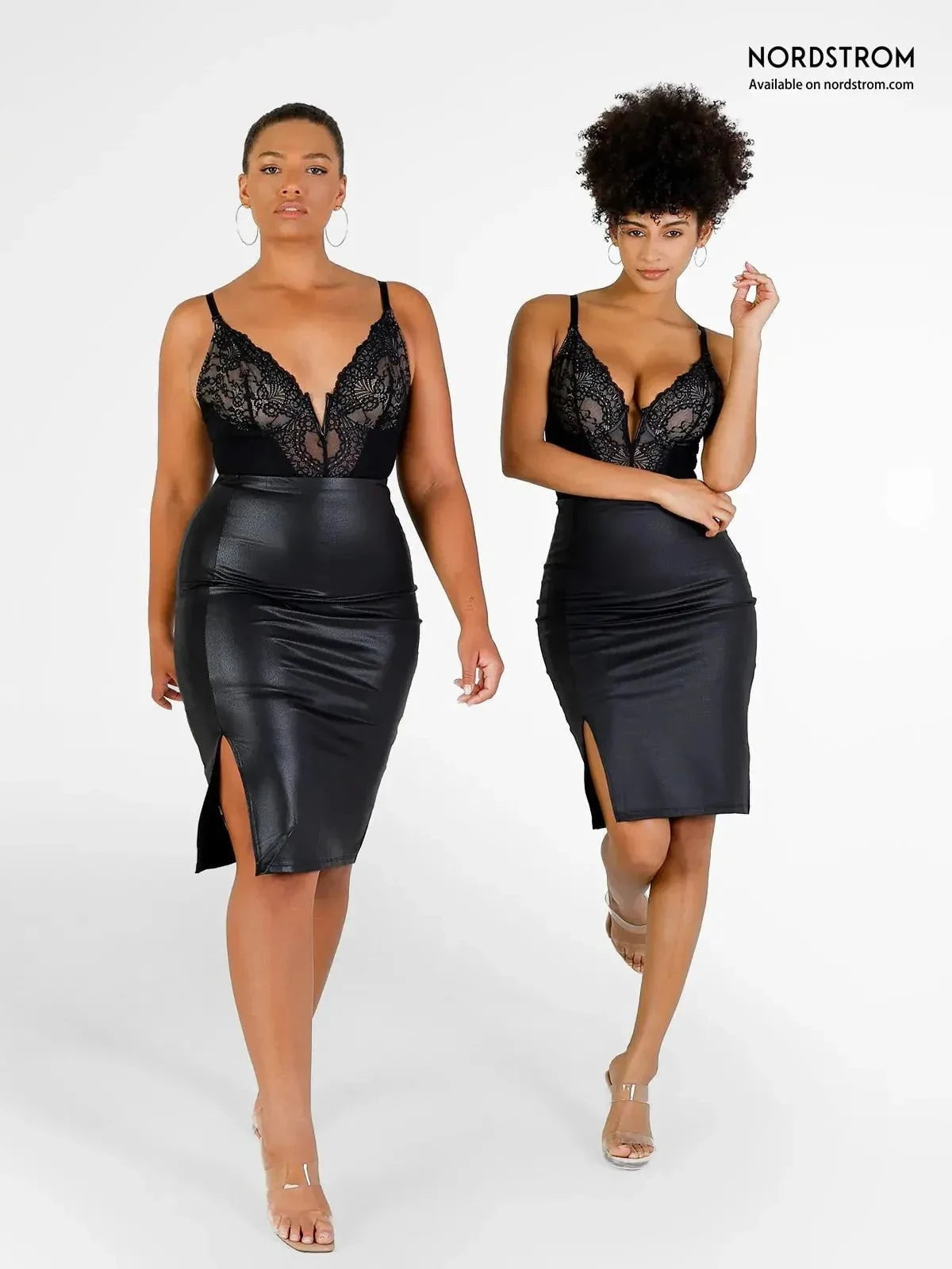 Popilush Shapewear Sculpting Faux Leather Front Slit Midi Skirt