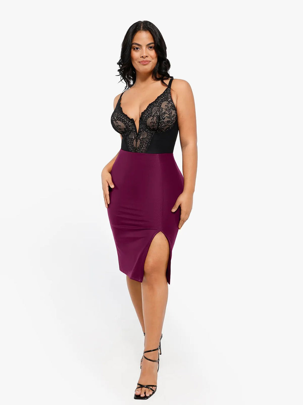 Popilush Shapewear Sculpting Faux Leather Front Slit Midi Skirt