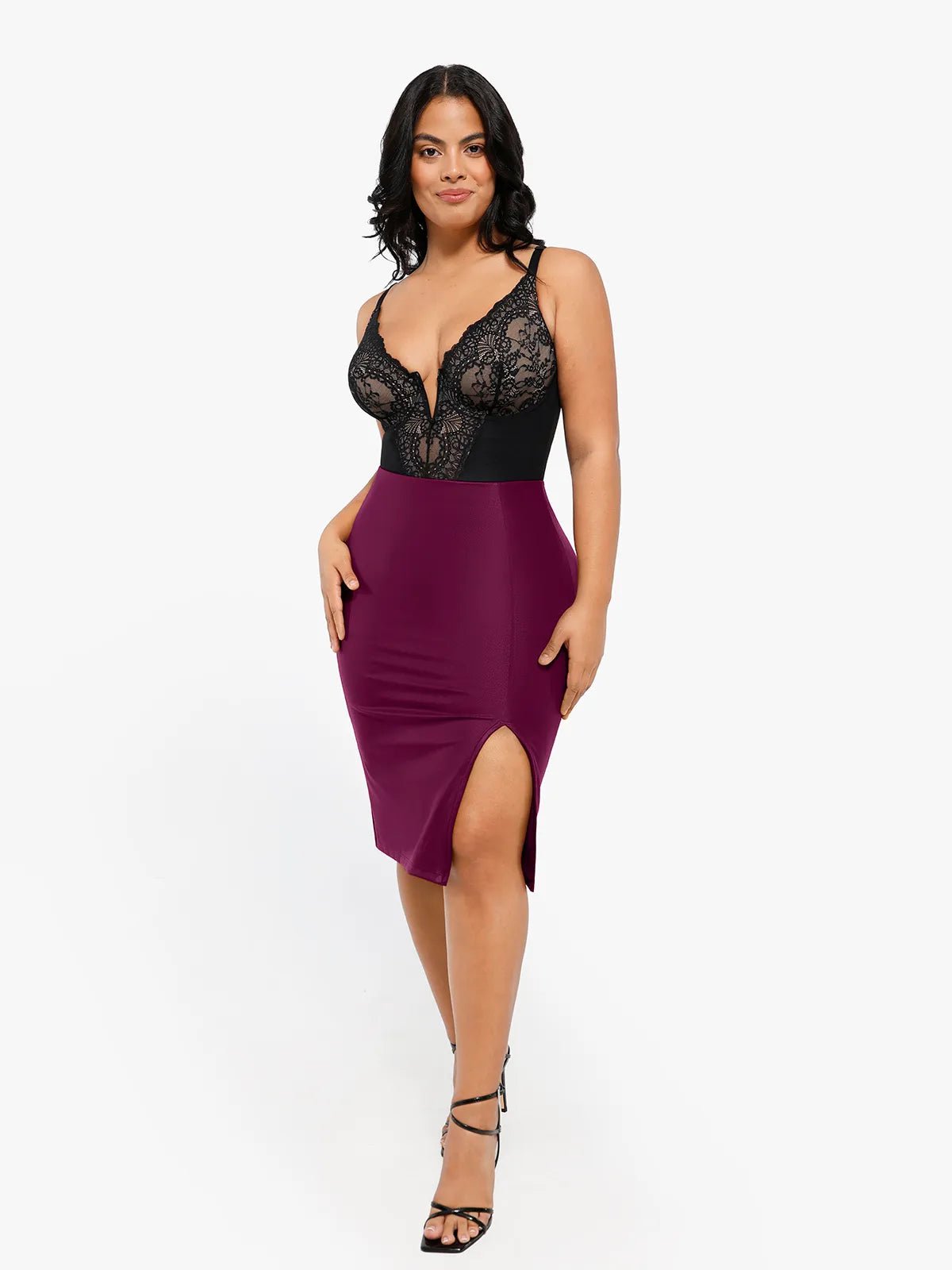 Popilush Shapewear Sculpting Faux Leather Front Slit Midi Skirt