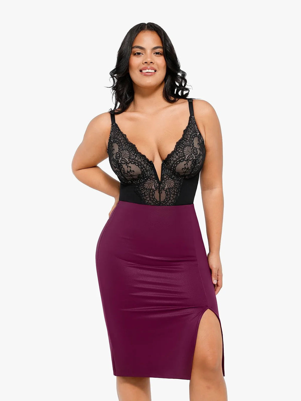 Popilush Shapewear Sculpting Faux Leather Front Slit Midi Skirt