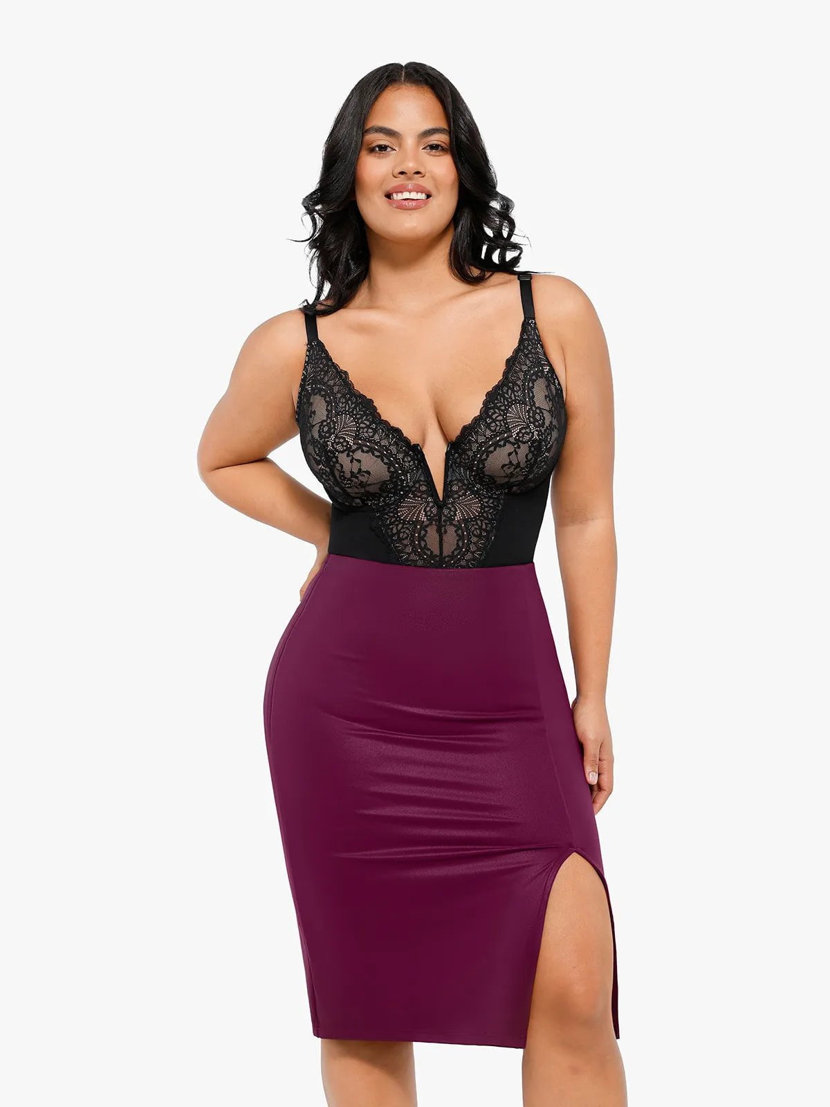 Popilush Shapewear Sculpting Faux Leather Front Slit Midi Skirt
