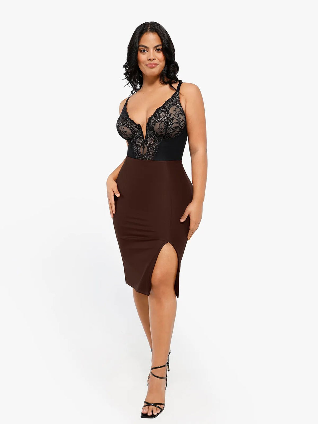 Popilush Shapewear Sculpting Faux Leather Front Slit Midi Skirt