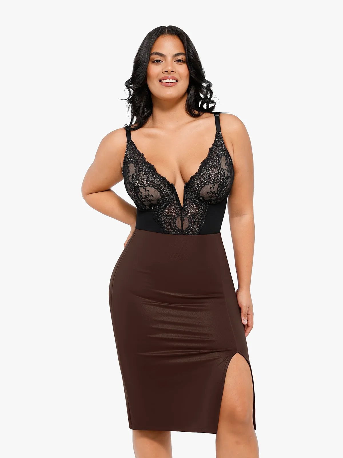 Popilush Shapewear Sculpting Faux Leather Front Slit Midi Skirt