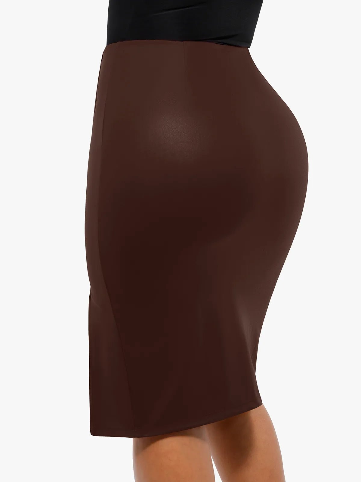 Popilush Shapewear Sculpting Faux Leather Front Slit Midi Skirt