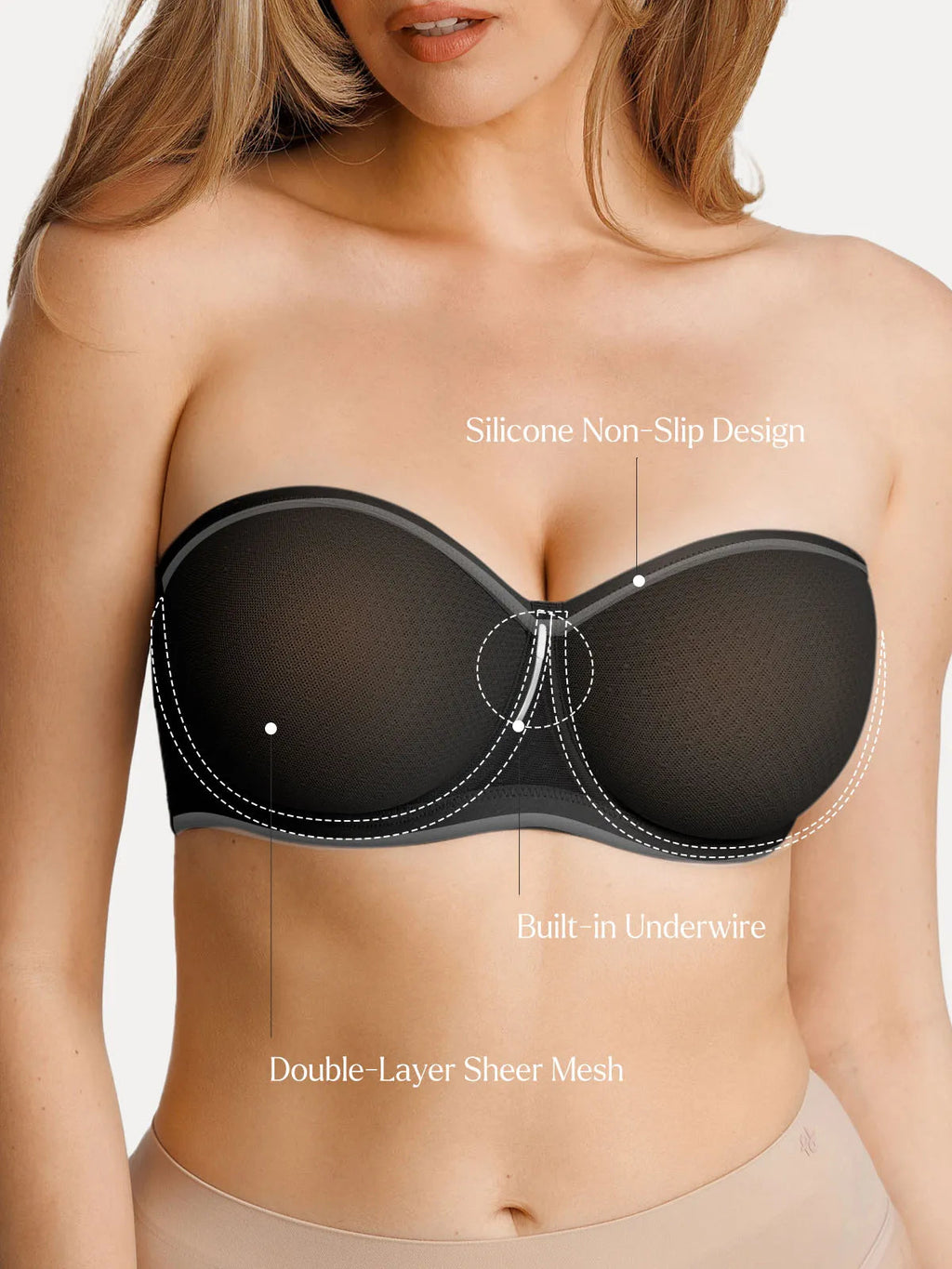 Popilush Unlined Sheer Mesh Strapless Minimizer Underwire Bra