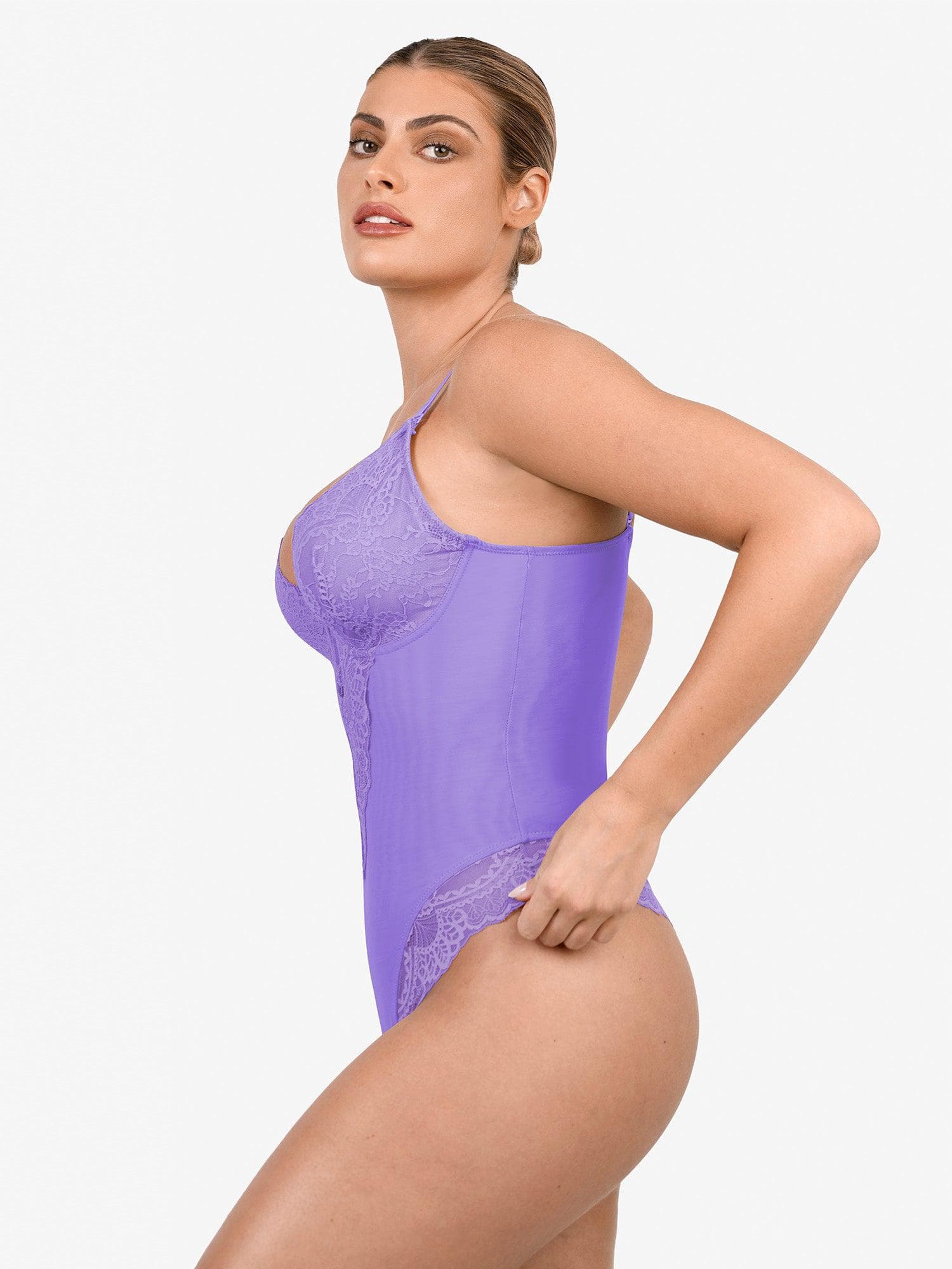 Popilush Shapewear Lace Deep V-Neck Sculpting Thong Bodysuit