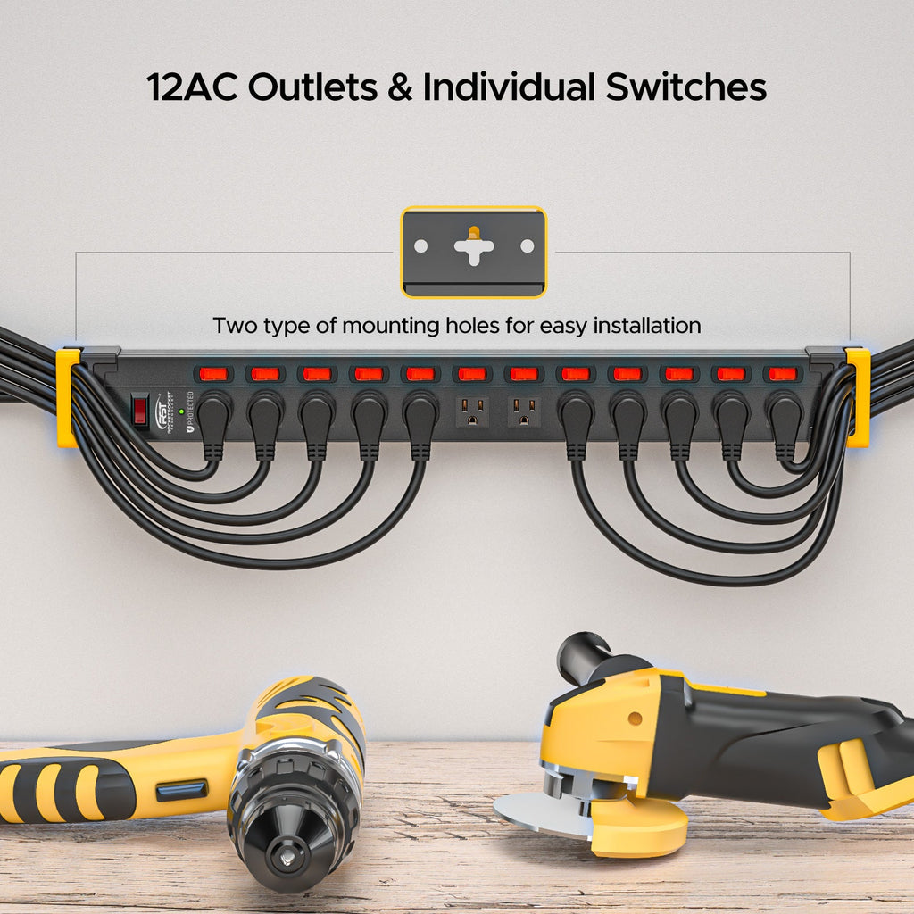 Rocket Socket Technology CRST 12 Outlets Individual Switches Metal Power Strip Surge Protector with Cord Holder, 9FT Flat Plug Power Cord 3years warranty SpadezStore