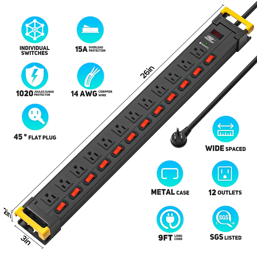 Rocket Socket Technology CRST 12 Outlets Individual Switches Metal Power Strip Surge Protector with Cord Holder, 9FT Flat Plug Power Cord 3years warranty SpadezStore