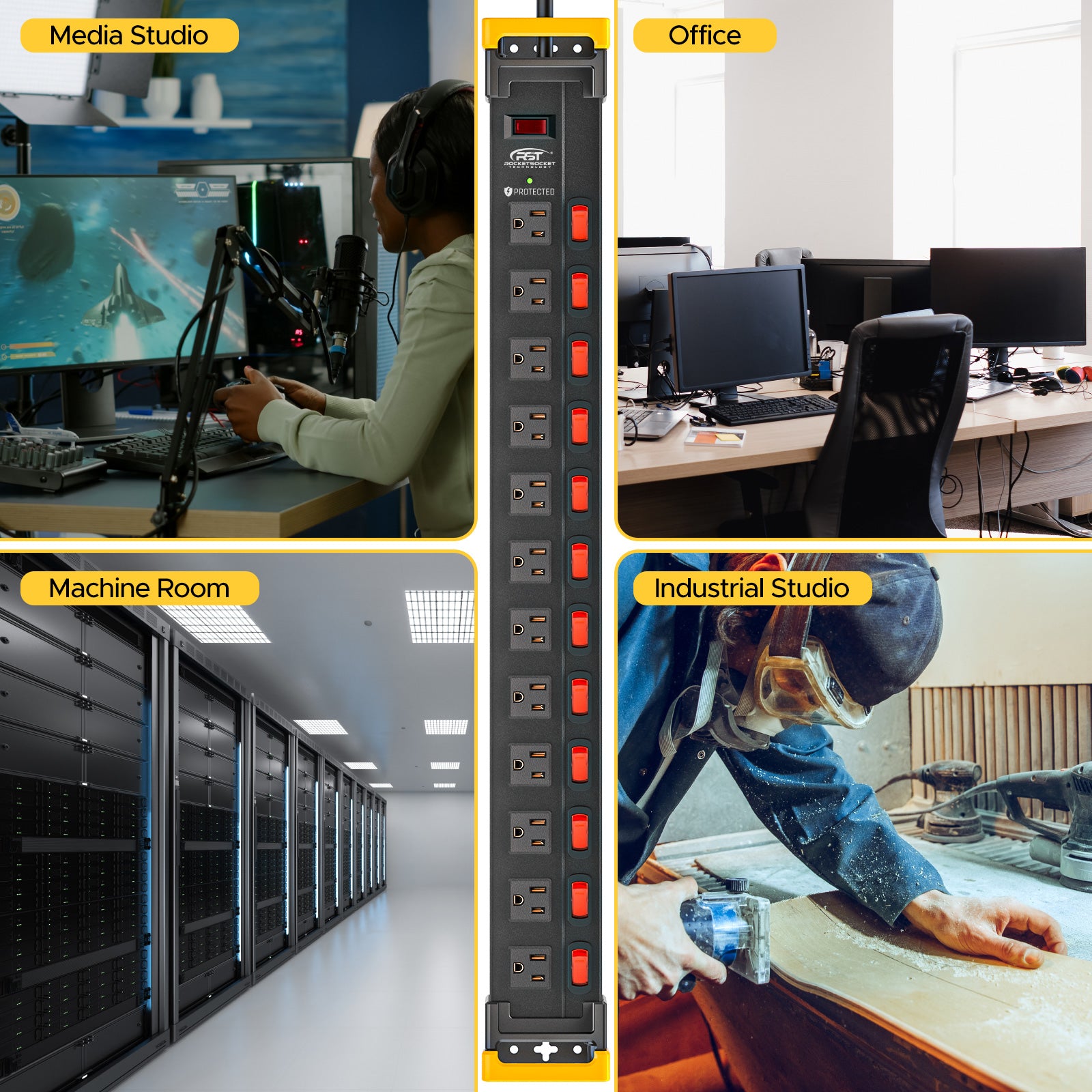 Rocket Socket Technology CRST 12 Outlets Individual Switches Metal Power Strip Surge Protector with Cord Holder, 9FT Flat Plug Power Cord 3years warranty SpadezStore