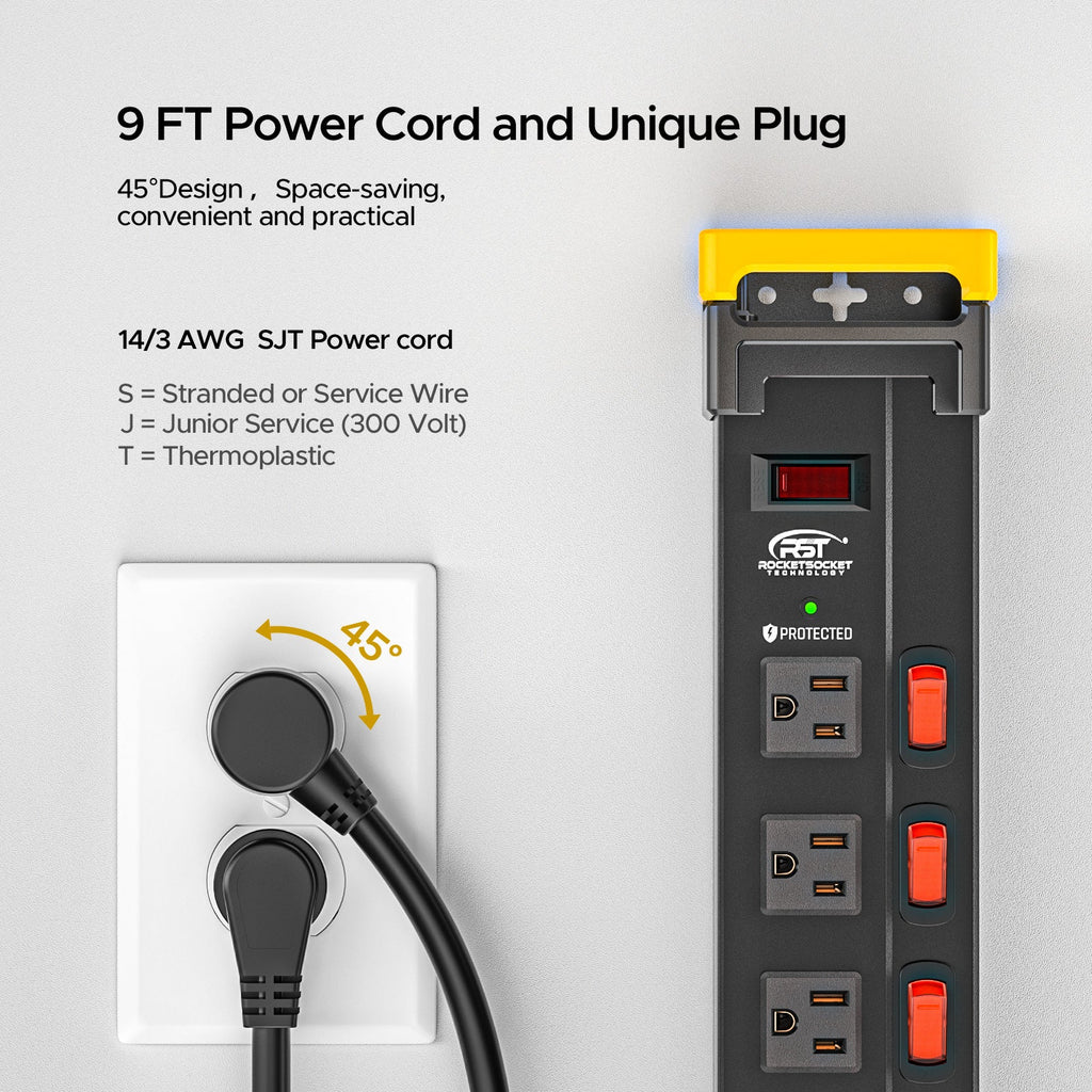 Rocket Socket Technology CRST 12 Outlets Individual Switches Metal Power Strip Surge Protector with Cord Holder, 9FT Flat Plug Power Cord 3years warranty SpadezStore
