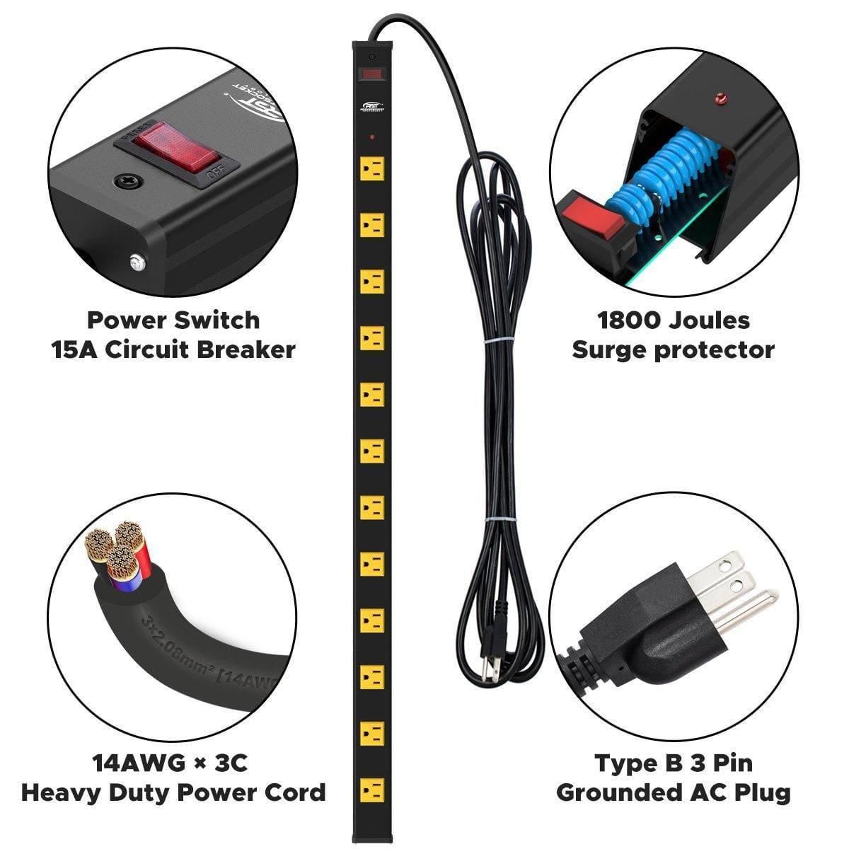 CRST Wideoutlets 2.6" Wide Spaced 12 Outlets Mountable Metal Power Strip Surge Protector with 1800 Joule Protection & EMI Filter Heavy Duty Construction 15A Circuit Breaker Included SpadezStore