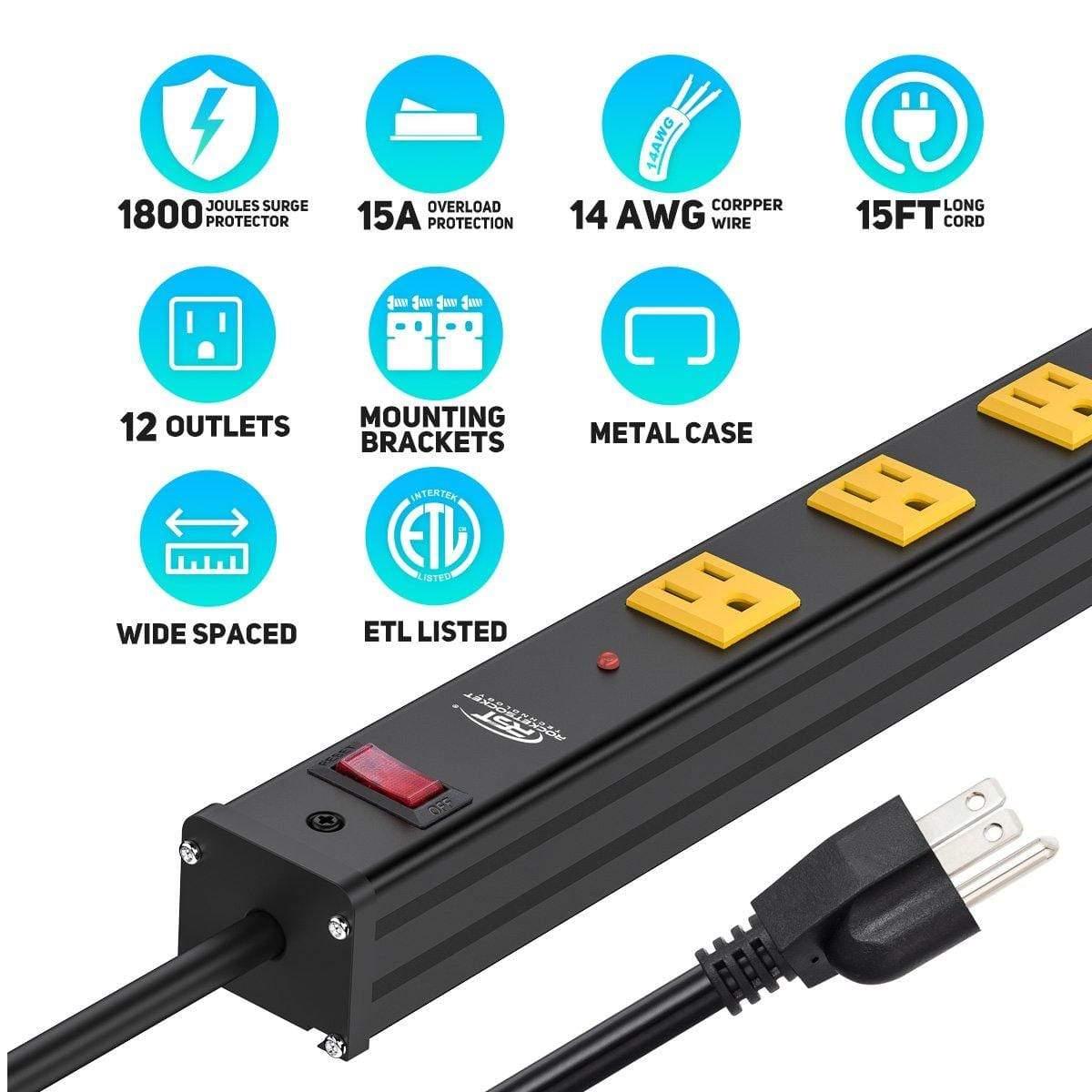 CRST Wideoutlets 2.6" Wide Spaced 12 Outlets Mountable Metal Power Strip Surge Protector with 1800 Joule Protection & EMI Filter Heavy Duty Construction 15A Circuit Breaker Included SpadezStore
