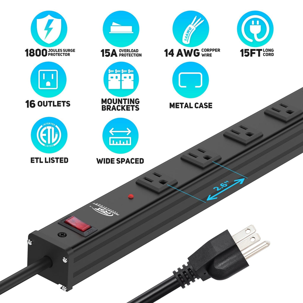 CRST 2.6" Wide Space 16 Outlets Mountable Metal Power Strip Surge Protector, Optional 15FT/6FT Power Cord, Mounting Brackets Included SpadezStore