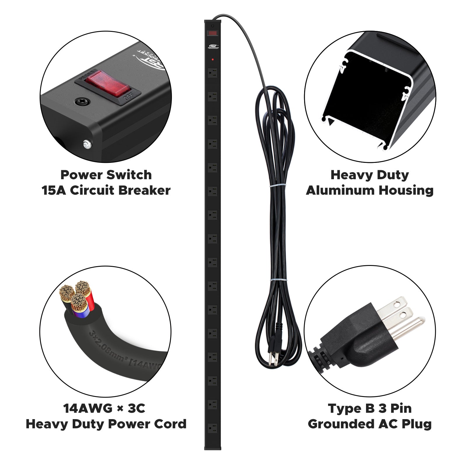 CRST 2.6" Wide Space 16 Outlets Mountable Metal Power Strip Surge Protector, Optional 15FT/6FT Power Cord, Mounting Brackets Included SpadezStore