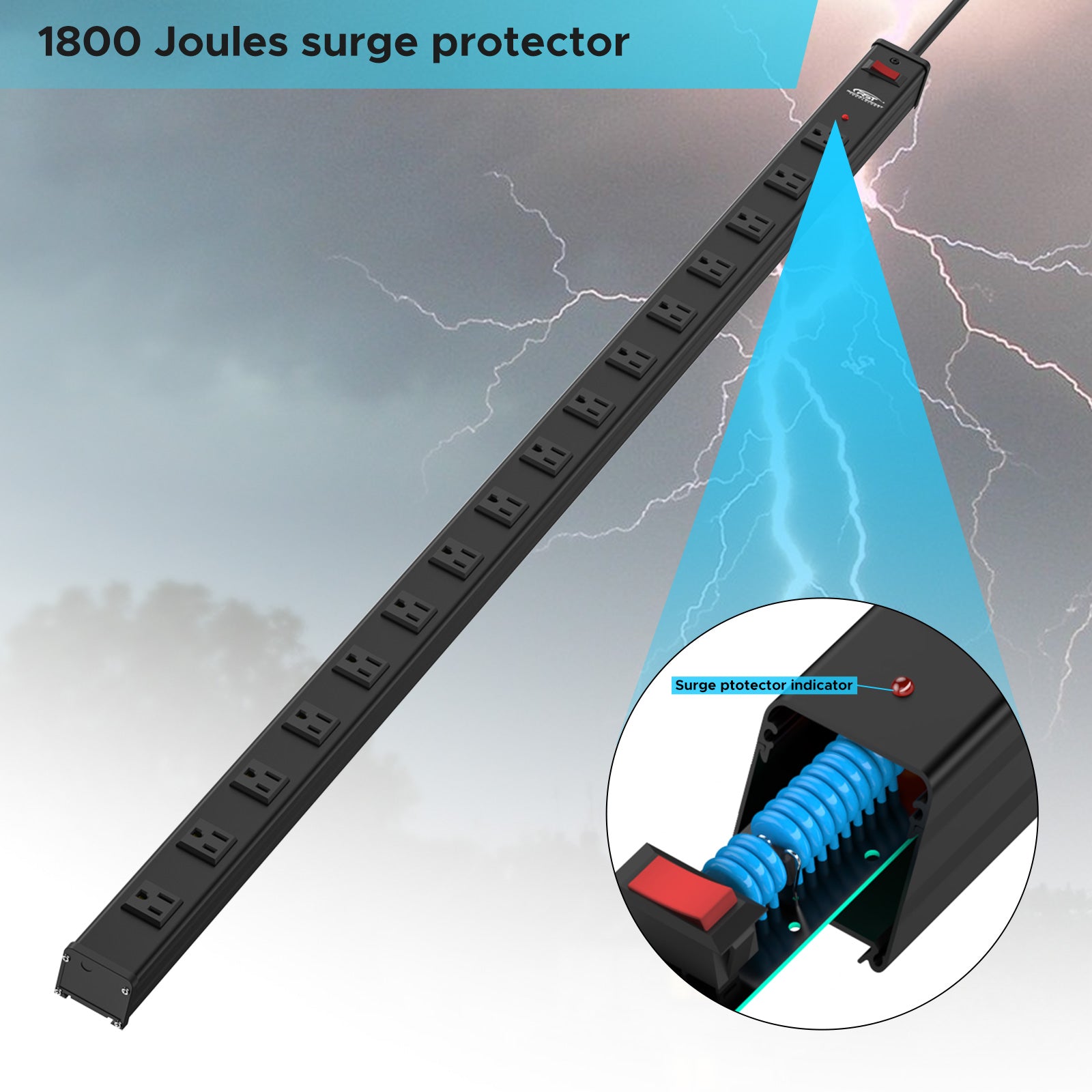 CRST 2.6" Wide Space 16 Outlets Mountable Metal Power Strip Surge Protector, Optional 15FT/6FT Power Cord, Mounting Brackets Included SpadezStore