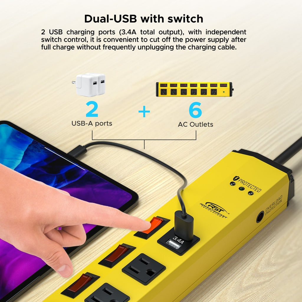 CRST 6 Outlets Individual Switches Mountable Metal Power Strip Surge Protector with Dural USB Ports 6FT Flat Plug Power Cord SpadezStore