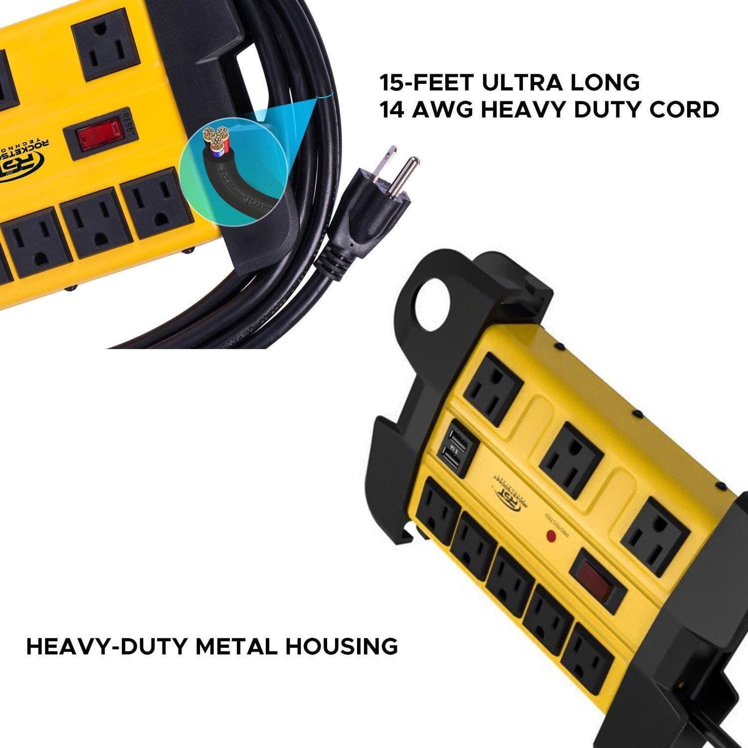 Rocket Socket Technology CRST 8 Outlets Dural USB Mountable Metal Power Strip Surge Protector with Cord Wrapping Design, Optional 15FT or 6FT Power Cord SpadezStore