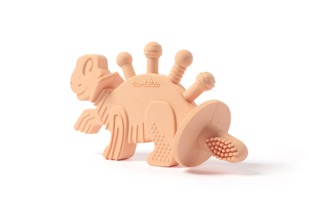 Bambeado Dibly - Pink - Baltic Amber & Natural Rubber Dinosaur Teether with Toothbrush Tail