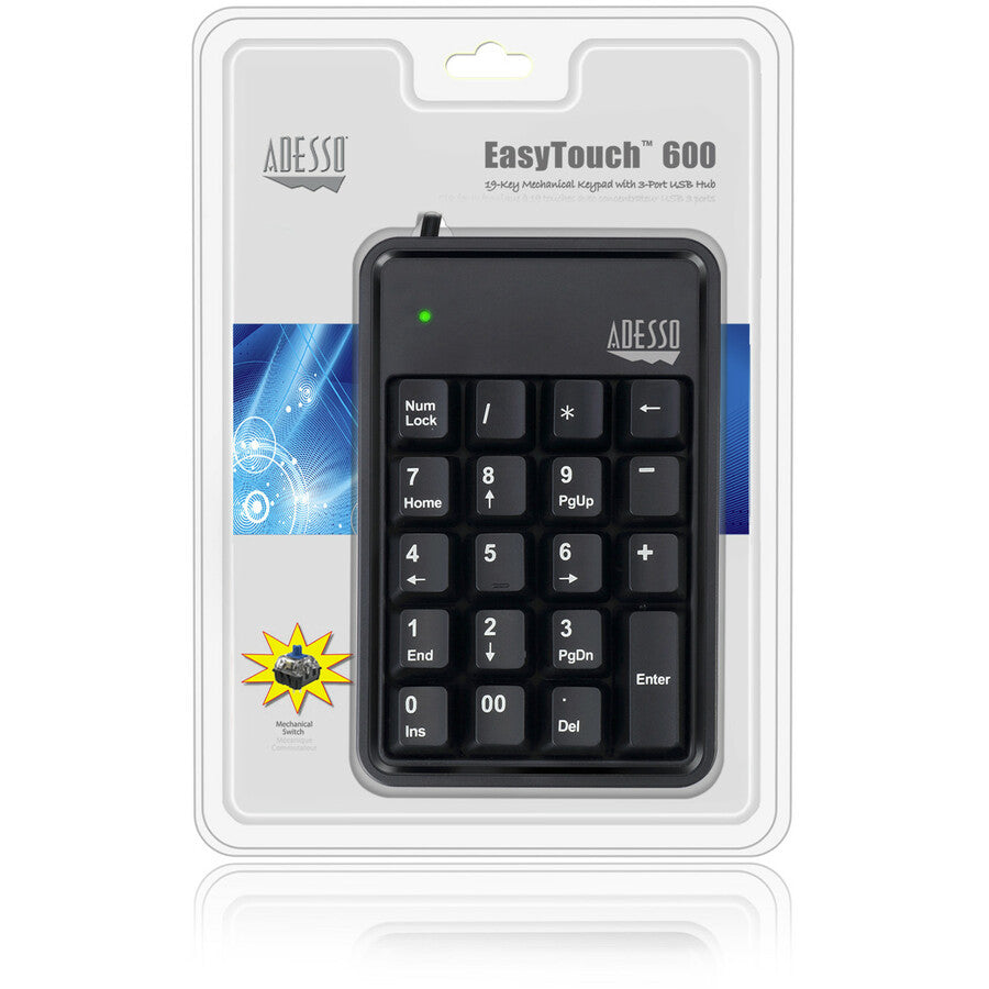 Adesso 19-Key Mechanical Keypad with 3-Port USB Hub SpadezStore